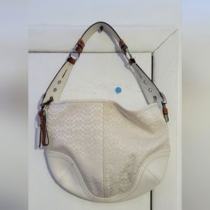 Coach Signature Jacquard Hobo Purse Handbag White Canvas Leather Lined Logo